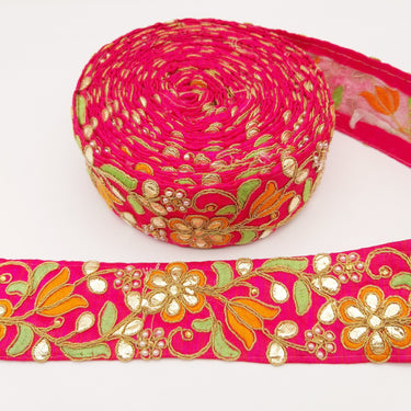 Dark Pink Fabric Trim In Green, Orange & Gold Floral Embroidery, Beaded Gota Patti